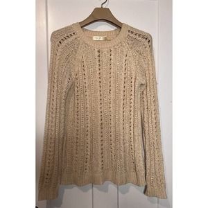 Rd Style Womens Pullover Sweater Solid Beige‎ Long Sleeve Round Neck Open Knit M